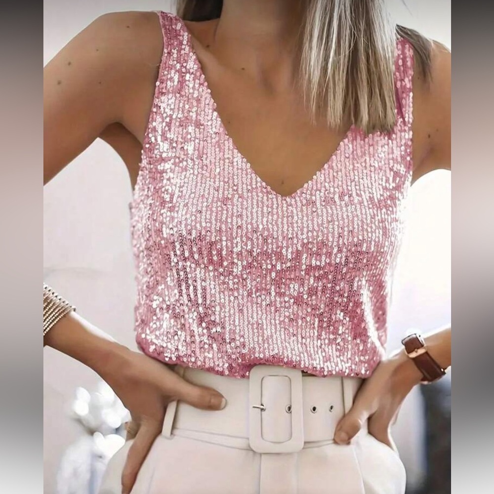 Plus Size Luxe Sequin V-Neck Tank Top Blouse Shirt Pink